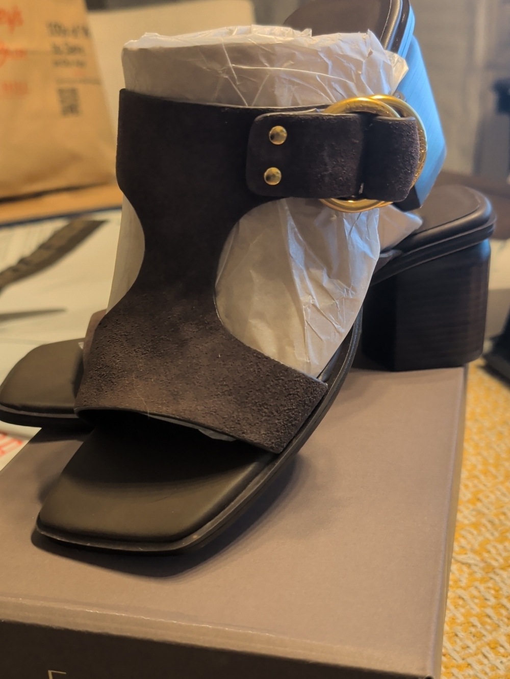 Franco Sarto Brown Suede Block Heel Mules with Gold Buckle